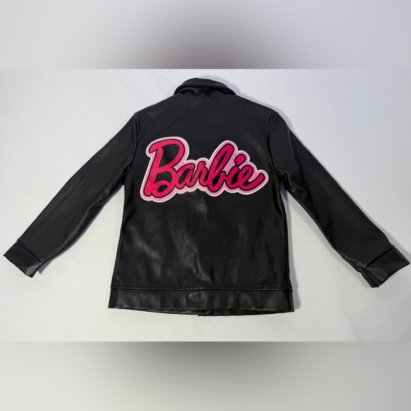 Barbie Girls Faux Leather Jacket Black Pink Logo Moto Biker Coat Size 4T - Picture 8 of 13
